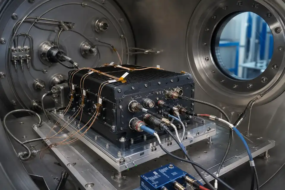 Avionics altitude and temperature testing inside an aerospace environmental chamber