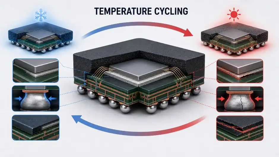Semiconductor package thermal fatigue during repeated temperature cycling