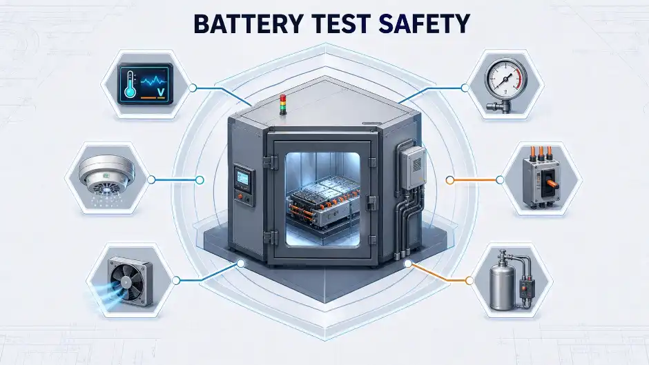 Layered safety systems for an EV battery environmental test chamber