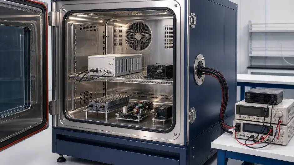 Powered electronic specimens inside an environmental test chamber with safe cable routing and external monitoring equipment