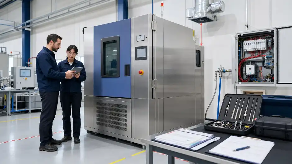 Engineers planning environmental test chamber site utilities, calibration and factory acceptance checks