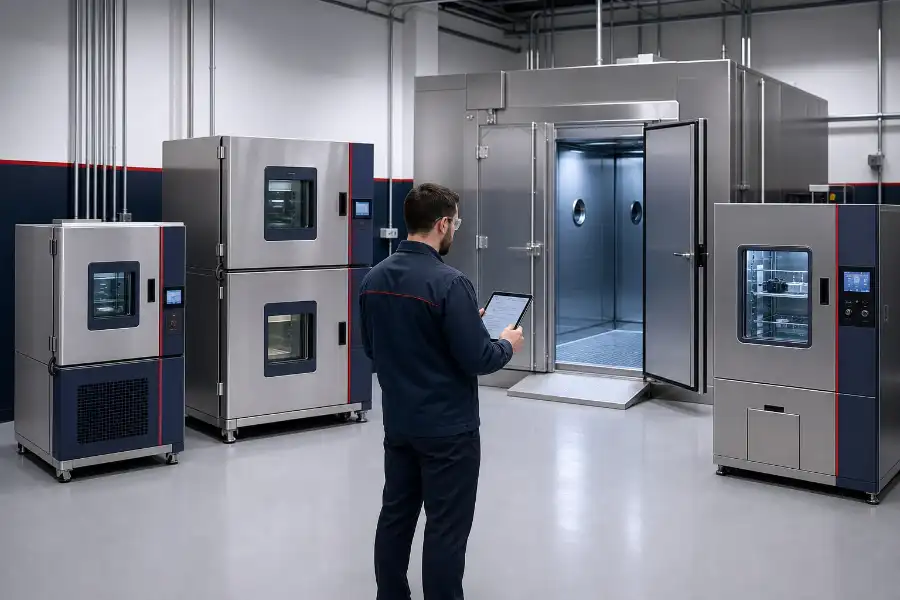 Engineer comparing temperature, humidity, thermal shock, walk-in and battery environmental test chambers