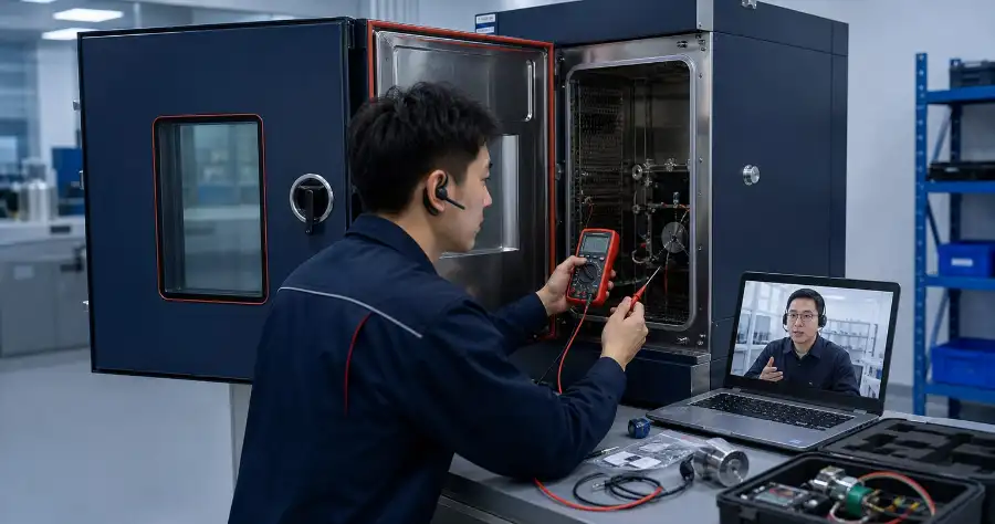 Service engineer receiving remote technical support while diagnosing an environmental test chamber