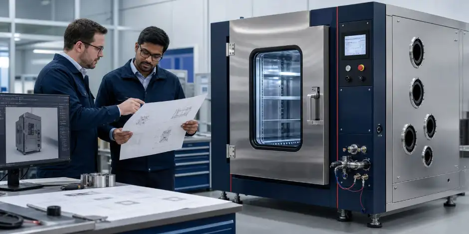 Engineers reviewing a custom environmental test chamber design with cable ports and coolant connections