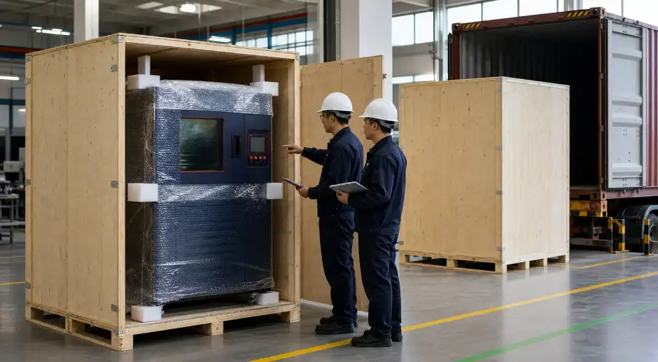 Environmental test chamber protected with cushioning inside a plywood export crate for international shipping
