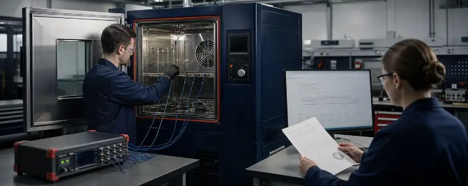Technicians performing multi-point calibration and performance verification on an environmental test chamber