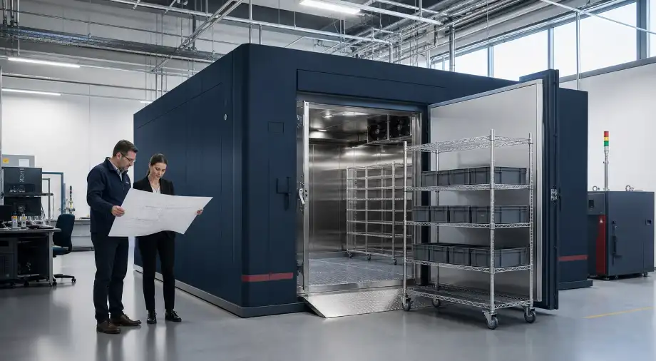 Engineers planning walk-in environmental chamber size, access, floor loading and specimen racks