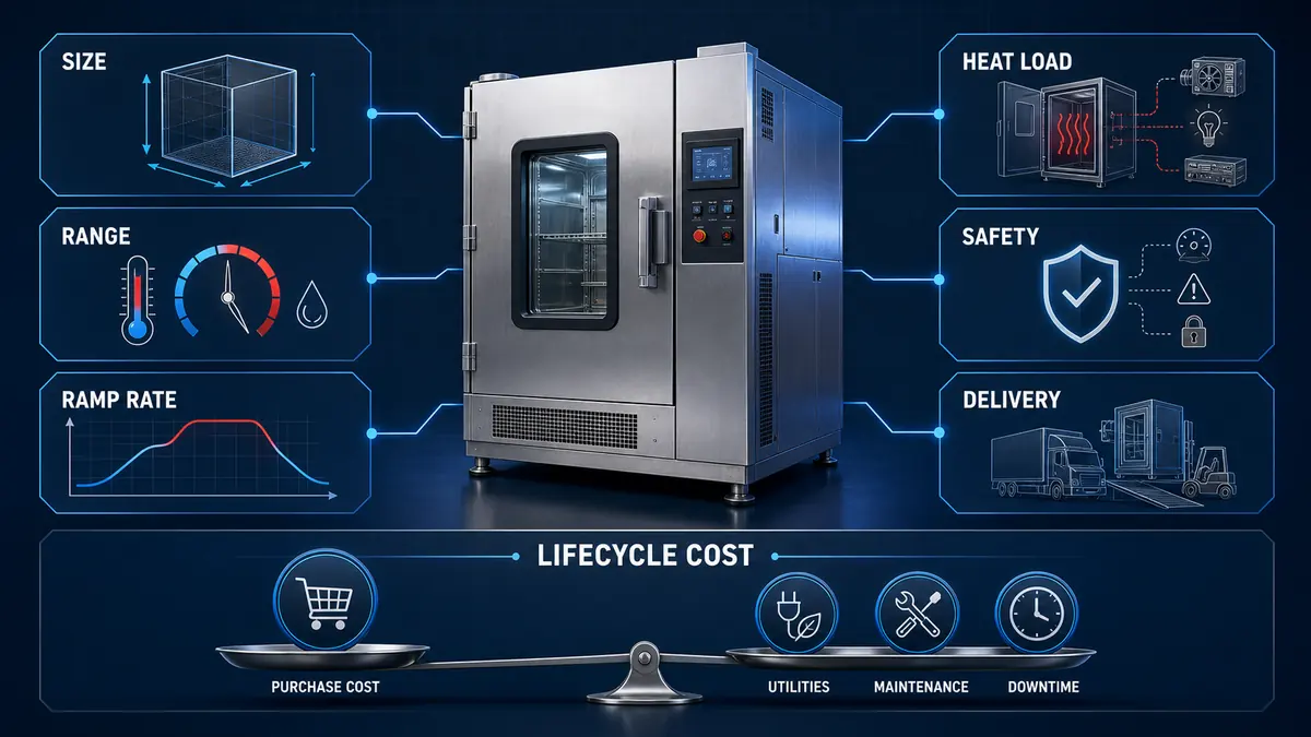 Environmental test chamber cost factors including size, range, ramp rate, heat load, safety and delivery
