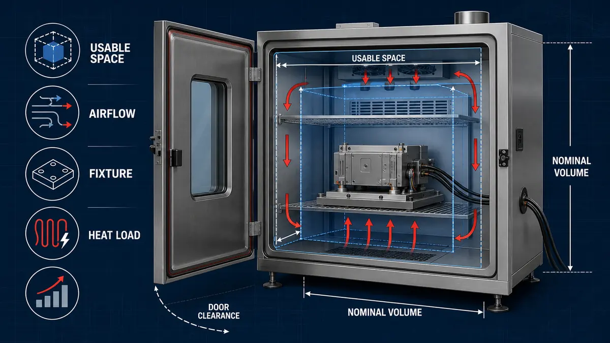 Environmental test chamber size selection showing usable space, airflow clearance, fixture and powered heat load