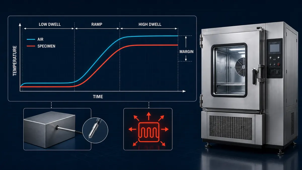 Test chamber temperature range selection comparing chamber air and specimen temperature across dwell and ramp stages