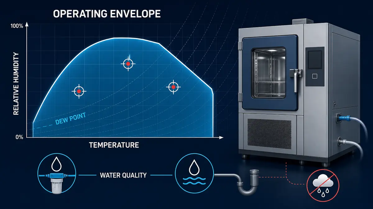 Humidity chamber operating envelope showing valid temperature and relative humidity test points