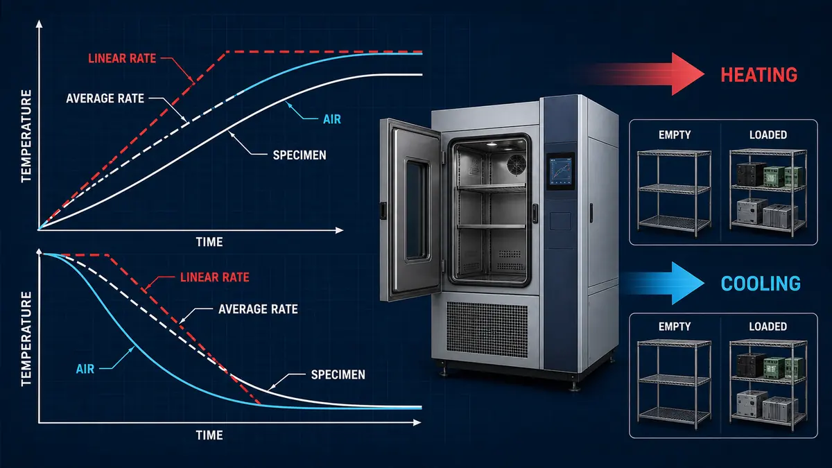 Test chamber heating and cooling rate comparison for average, linear, air, specimen, empty and loaded conditions