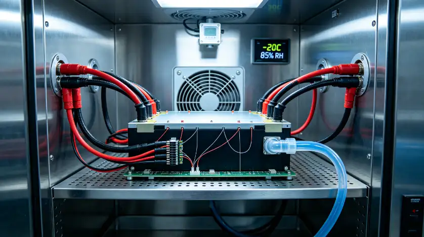 Test setup for battery charge discharge climate chamber testing
