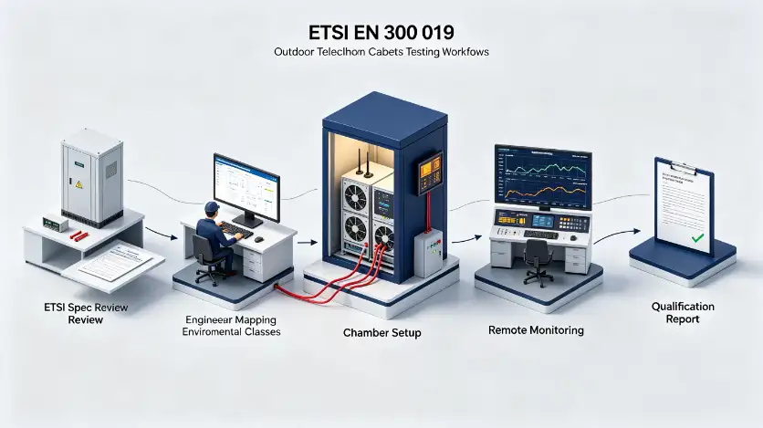 Outdoor Telecom Cabinet Environmental Testing to ETSI EN 300 019 workflow
