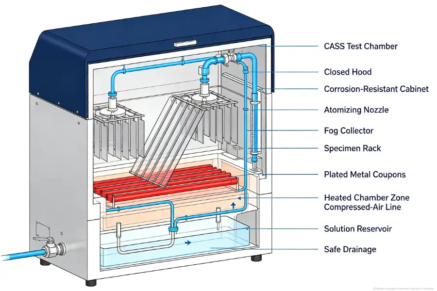 CASS test chamber components for ASTM B368 salt fog testing
