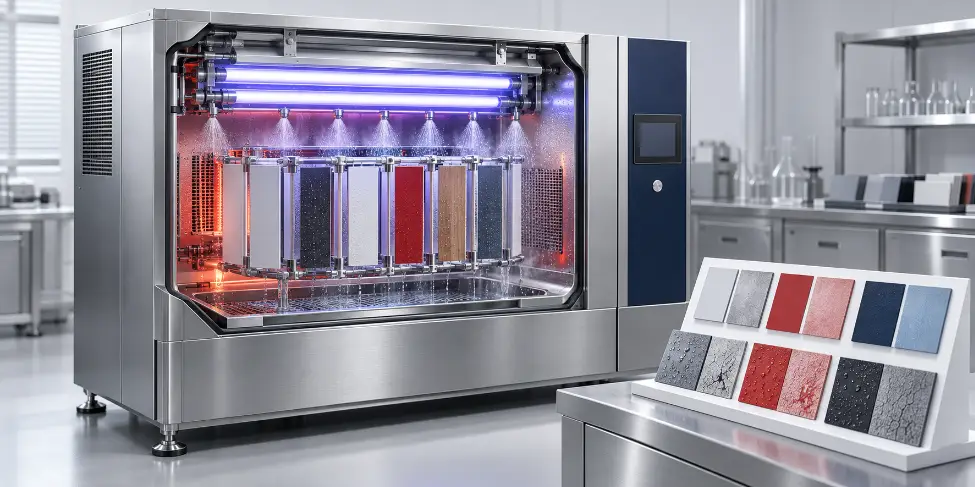 UV accelerated aging chamber with fluorescent UV lamps, specimen panels and moisture exposure system