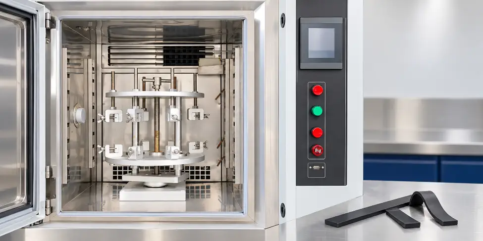 Illustrative view of DERUI ozone aging chamber specimen rack with rubber test strips